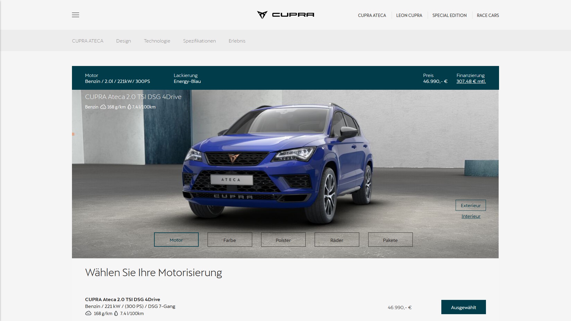 Screenshot of easy car configurator in Cupra site
